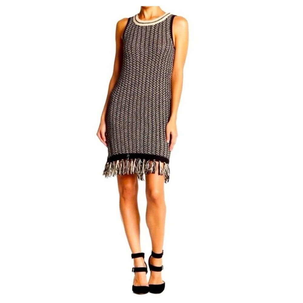 Romeo & Juliet Couture Knit Fringe Tank Dress Black Cream Size Large